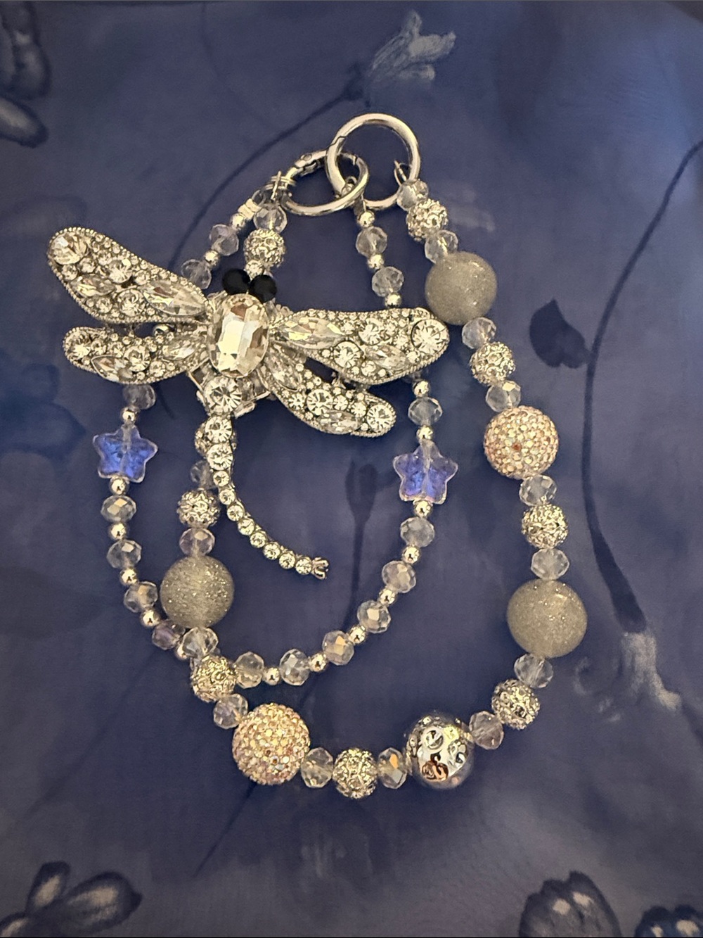 Rhinestone Dragonfly Charm Beaded Bracelet - Silver Tone